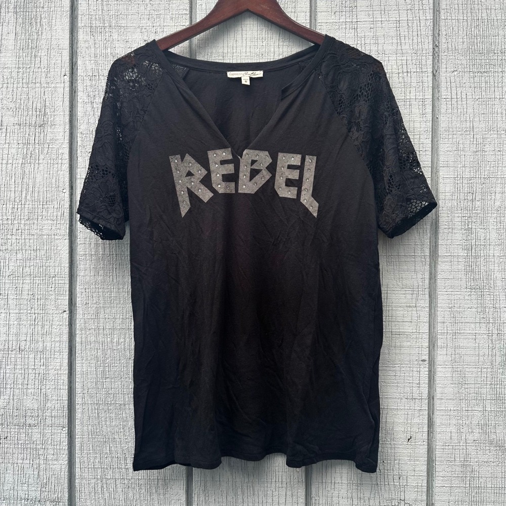 Express One Eleven Whimsigoth Black Rebel Lace Sleeve V Neck T Top Womens Medium